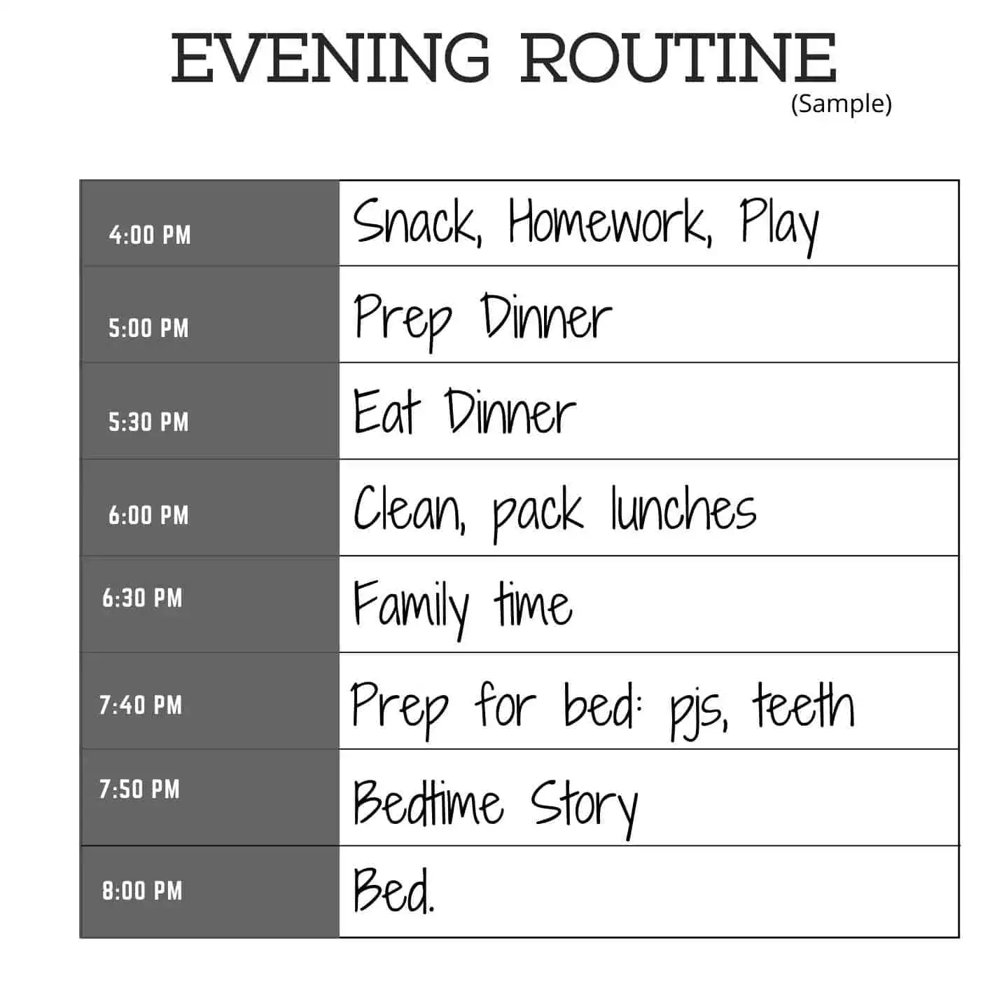 A sample evening routine for primary school students at Tulip Combined School, including dinner, family time, and bedtime.